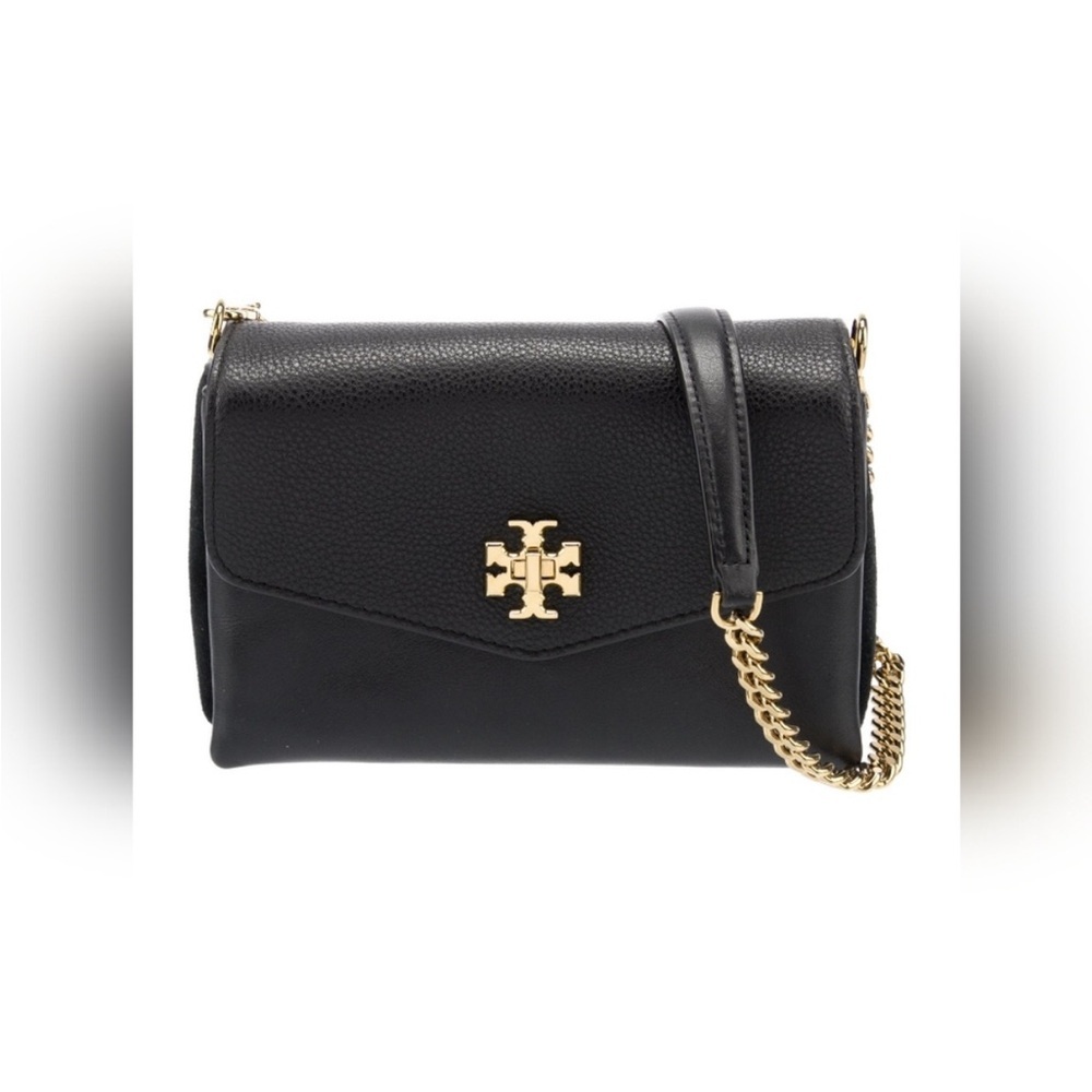Tory Burch Kira Black Pebbled Leather Mixed Media Mini Crossbody Bag Gold Chain
